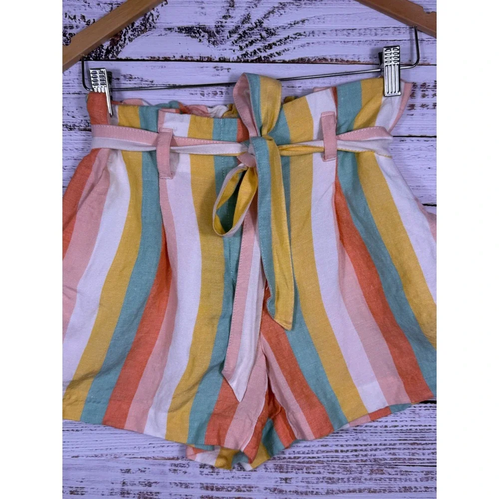LOFT Shorts Women Small Multi-Color Striped Linen Blend Paperbag Waist 4